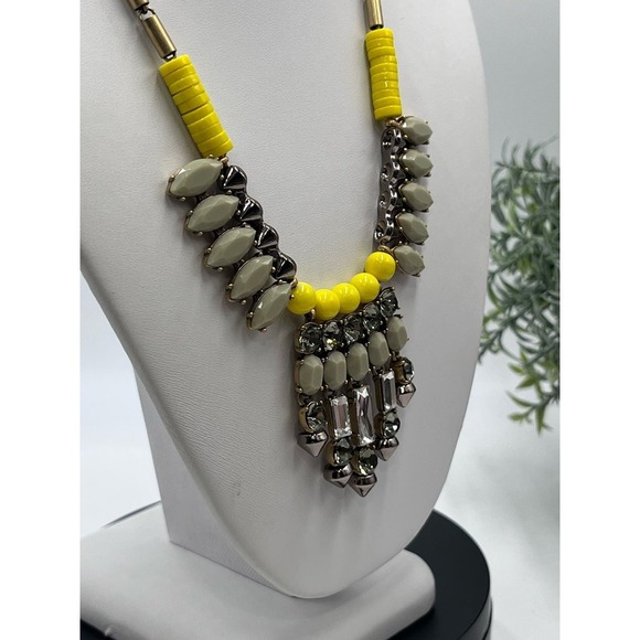 J. Crew Colorful Yellow Sage Green Gray Rhinestone Statement Gold Tone Necklace - Picture 6 of 16